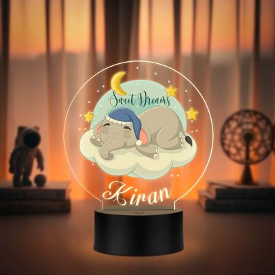 Personalized Sweet Dreams Elephant LED Night Light with Warm White Nursery Decor with Moon and Stars Theme Bedside Kids Room Desk Table Lamp